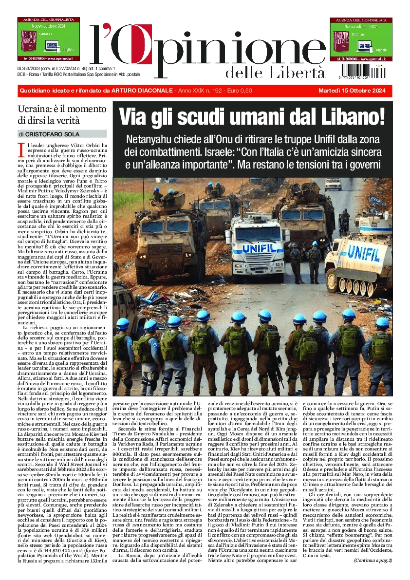 Prima-pagina-opinione della liberta-edizione-di-oggi-2024-10-15